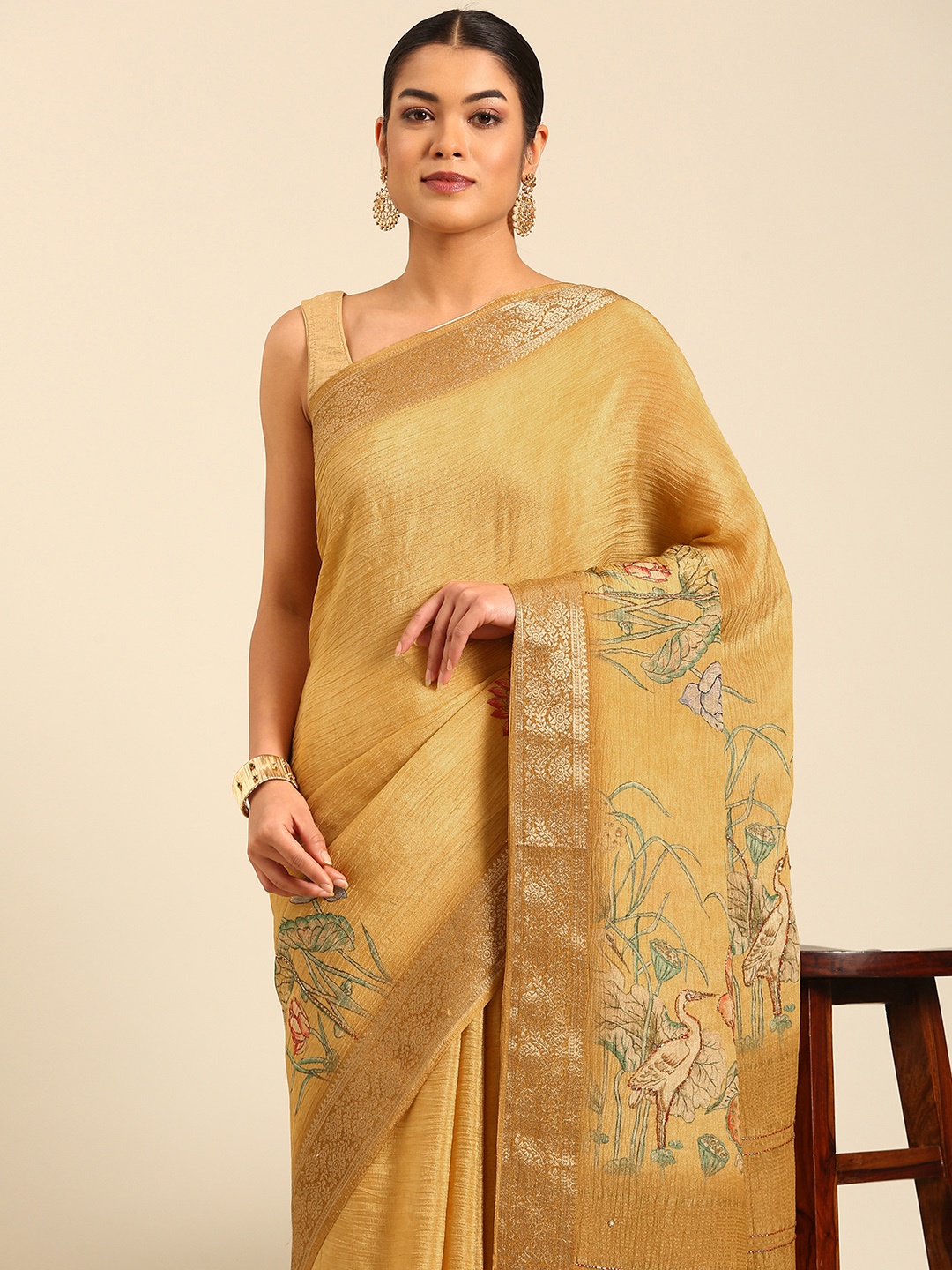 

MOHEY Floral Zari Pure Chiffon Saree, Yellow