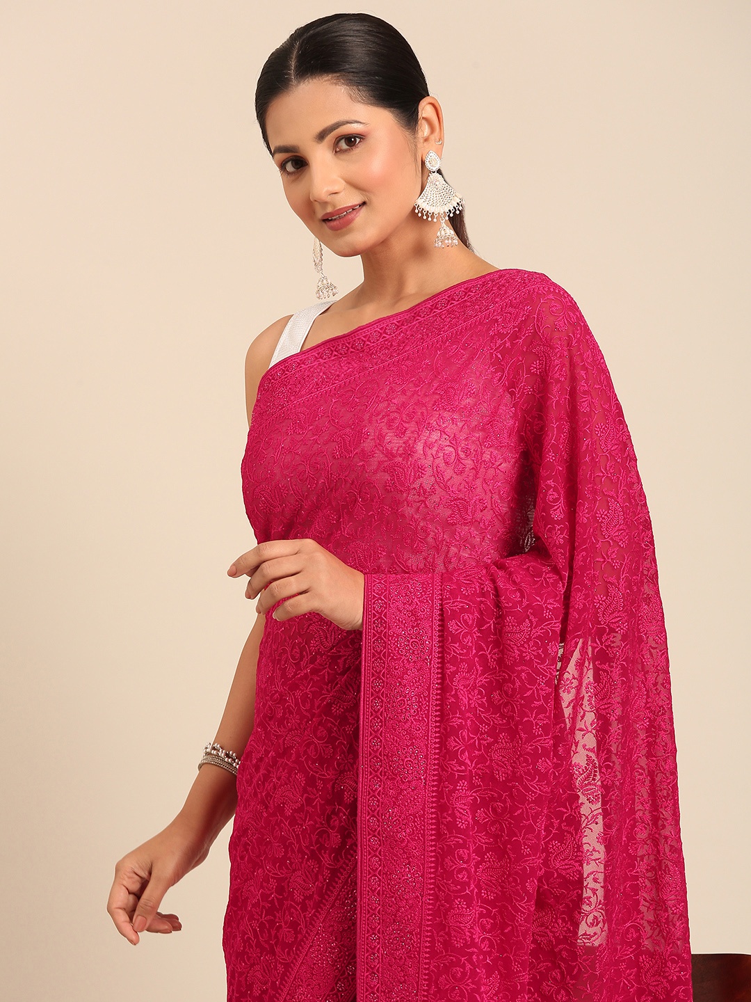 

MOHEY Floral Beads & Stones Pure Georgette Saree, Fuchsia