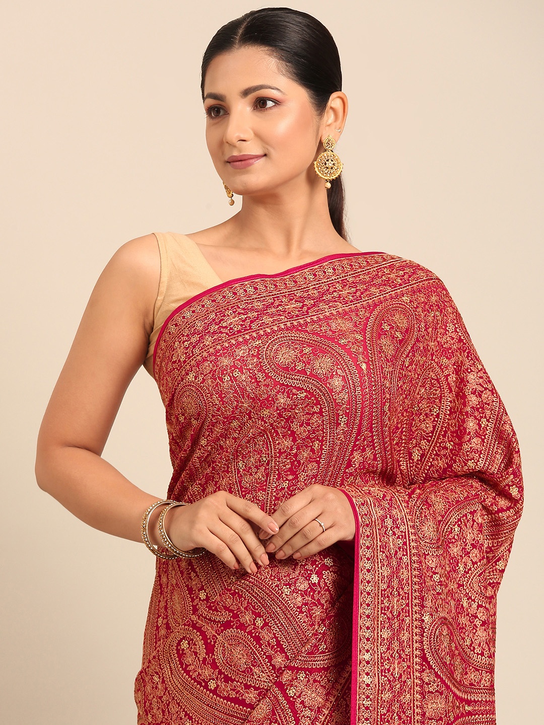 

MOHEY Paisley Embroidered Pure Georgette Saree, Fuchsia