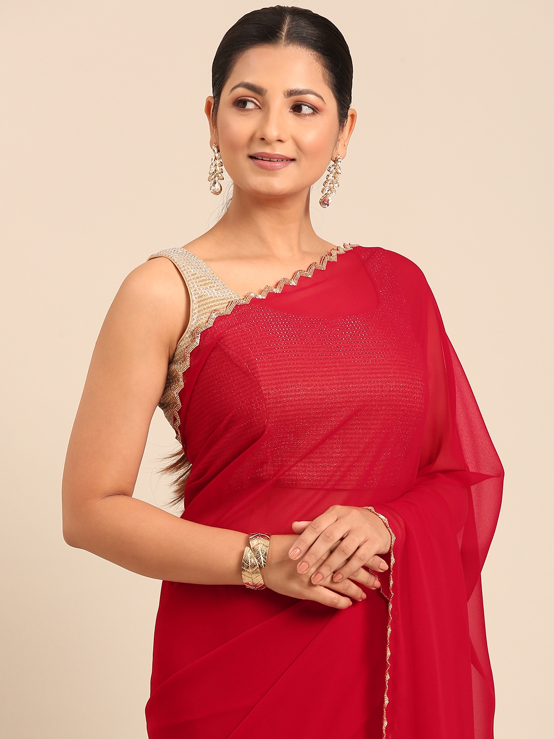 

MOHEY Floral Embellished Pure Georgette Saree, Red