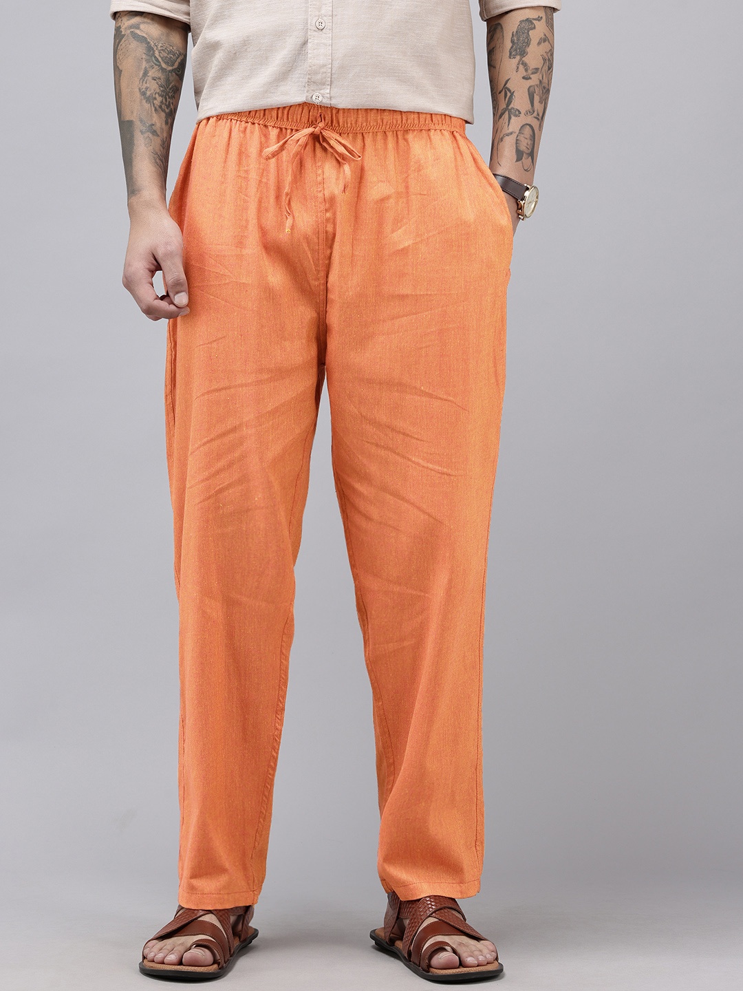 

Qashida Men Solid Relaxed Fit Easy Wash Trousers, Orange