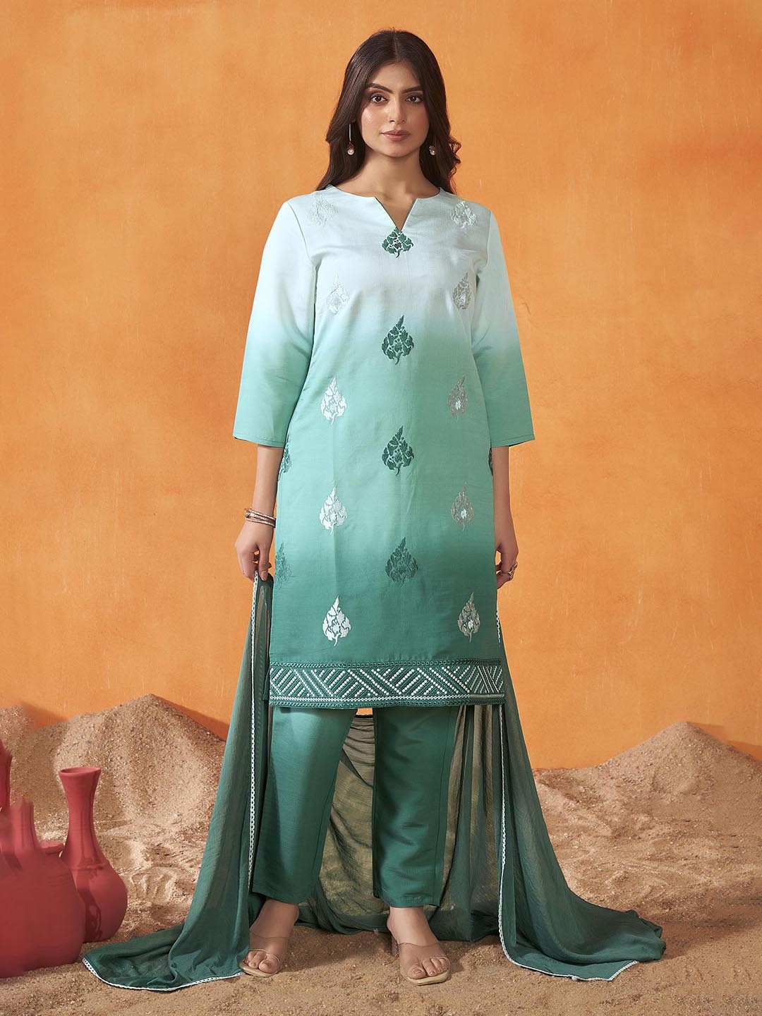 

Anouk Ombre Dyed Thread Work Chanderi Silk Kurta With Trouser And Dupatta, Teal