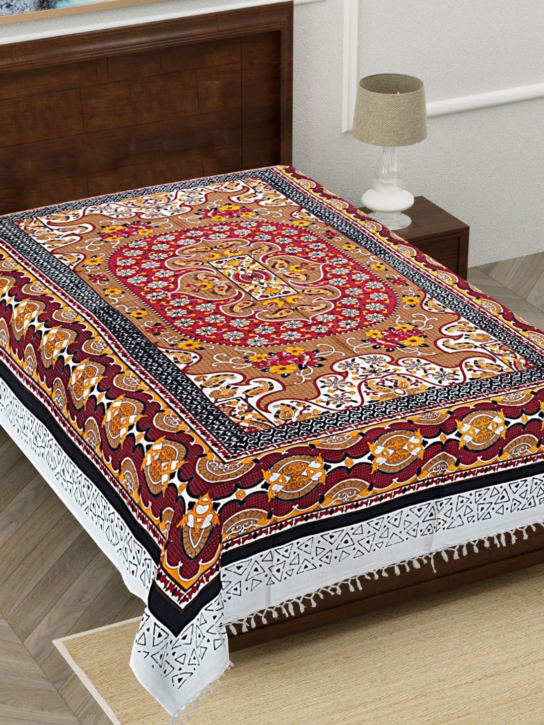 

HASHCART Brown & Red Floral Printed Pure Cotton 210 TC Single Bedsheet 2.30 m x 1.52 m