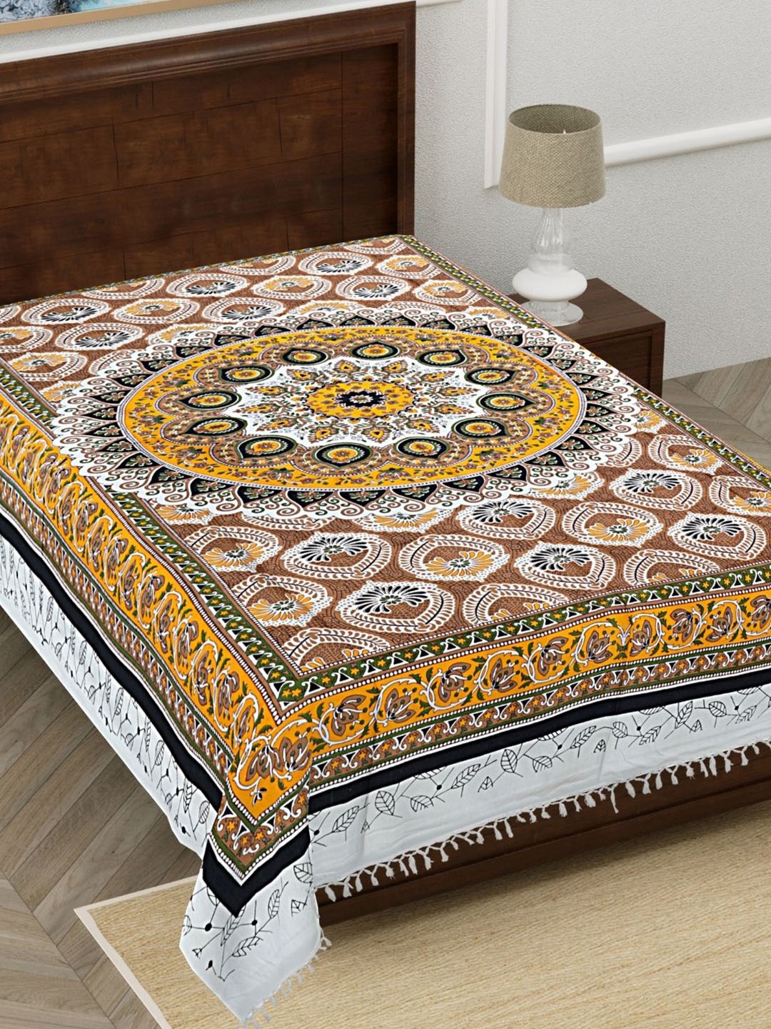 

HASHCART Yellow Ethnic Motifs Printed Pure Cotton 210 TC Single Bedsheet 2.30m x 1.52m