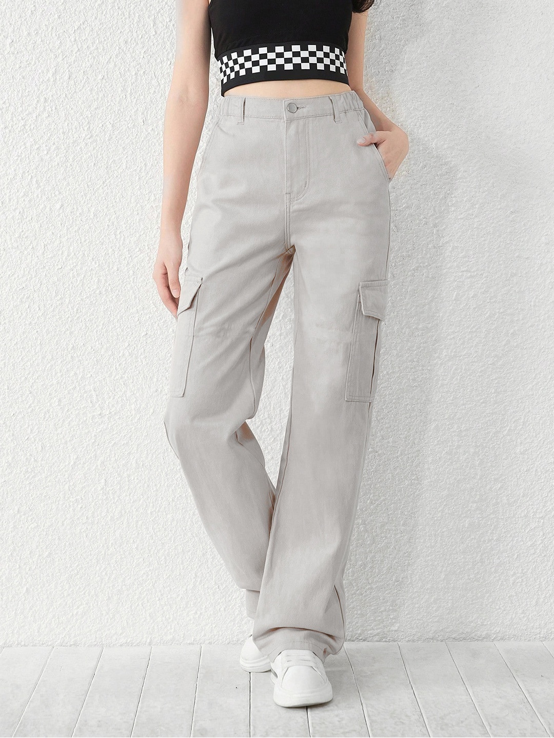 

KATECLO Women High-Rise Regular Fit Pure Cotton Cargo Trousers, Beige