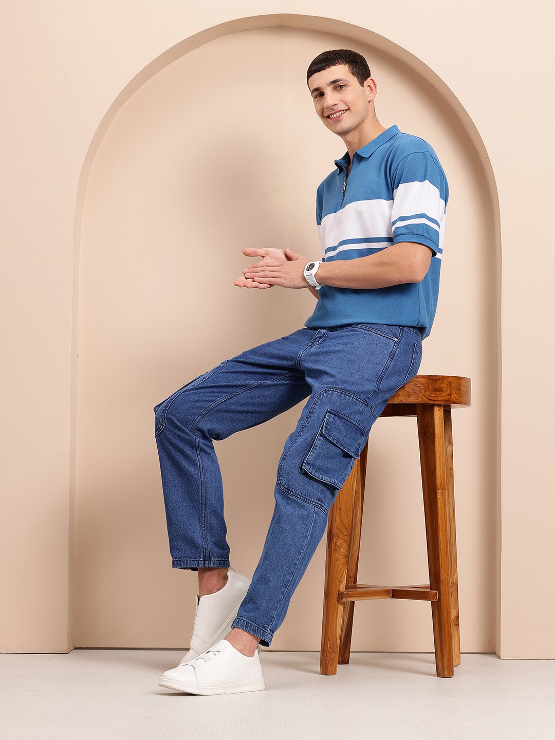 

Mast & Harbour Stripe Colourblocked Polo Collar T-shirt, Blue