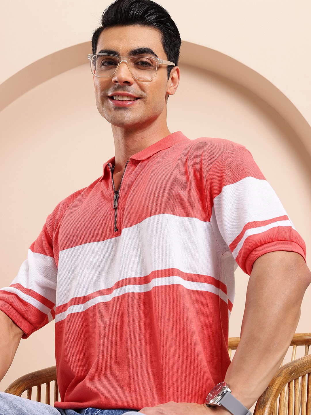 

Mast & Harbour Stripe Colourblocked Polo Collar T-shirt, Coral