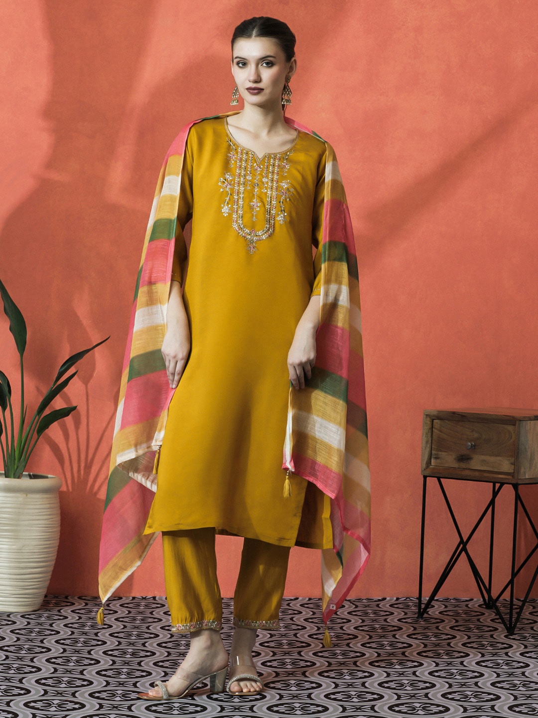 

Sangria Yellow Floral Embroidered Notch Neck Sequinned Kurta With Trouser And Dupatta