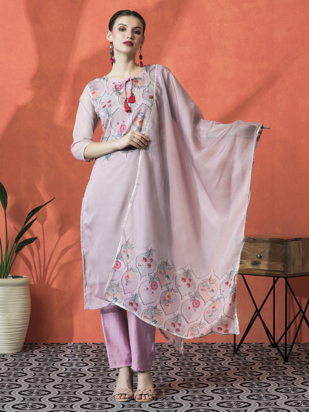 

Sangria Pink Floral Yoke Design Tie Up Neck Straight Kurta With Trouser And Dupatta