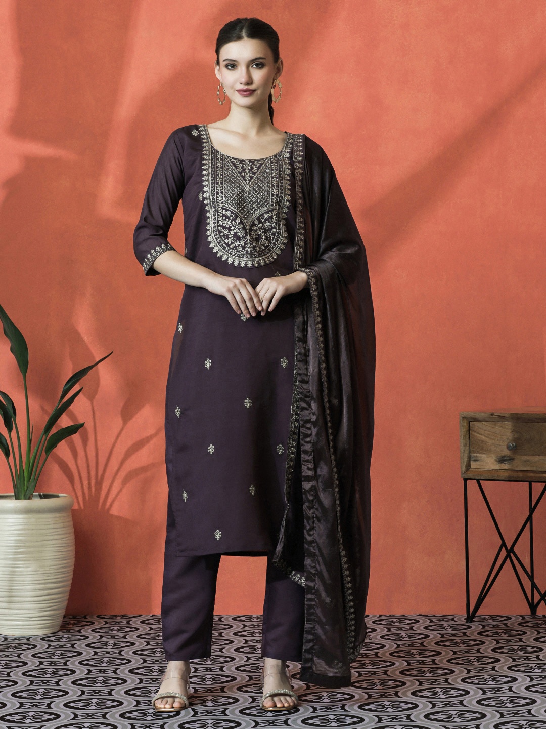 

Sangria Floral Embroidered Kurta & Trousers With Dupatta, Purple