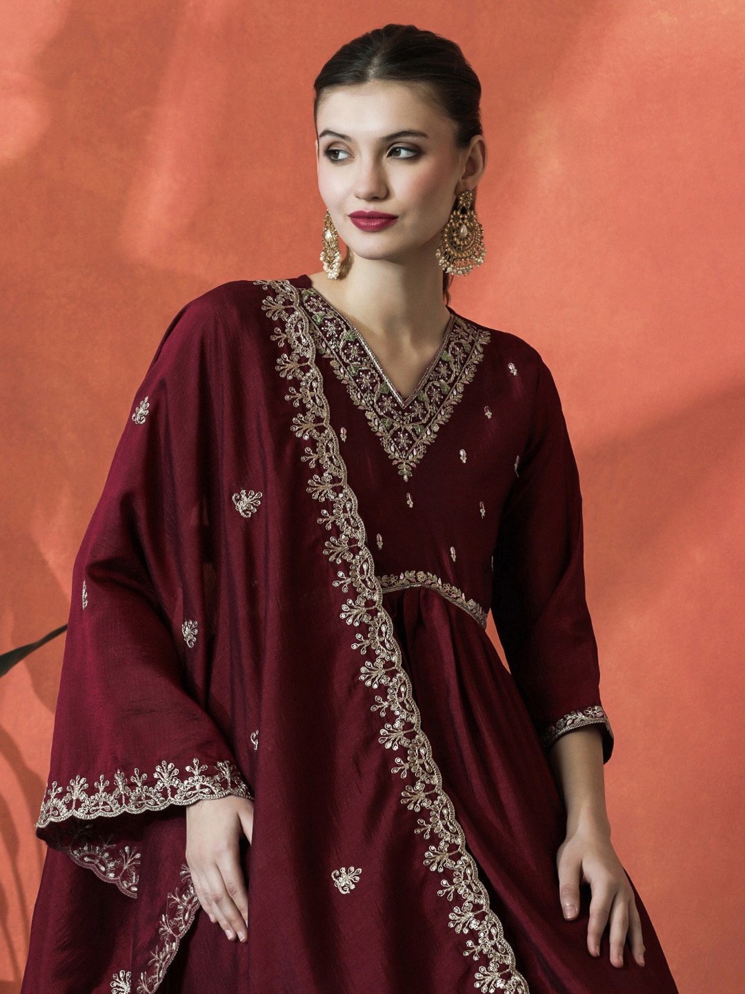 

Sangria Maroon Floral Yoke Design Thread Work Anarkali Kurta With Trouser And Dupatta
