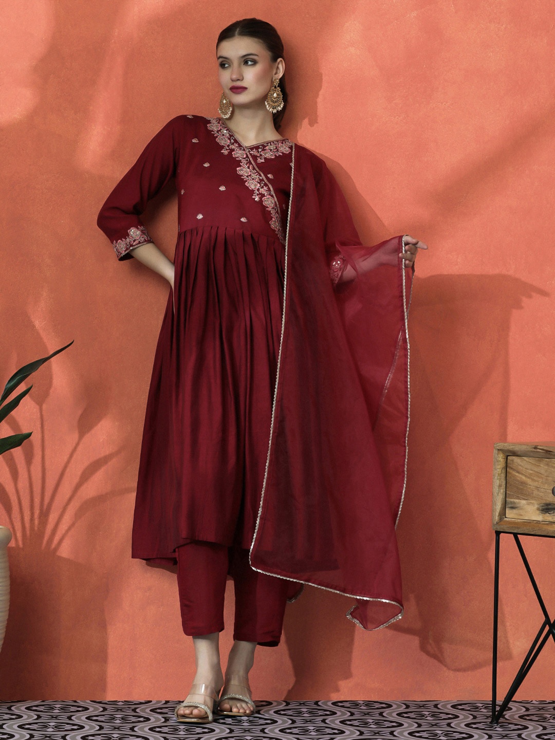 

Sangria Maroon Floral Embroidered Kurta With Trousers And Dupatta