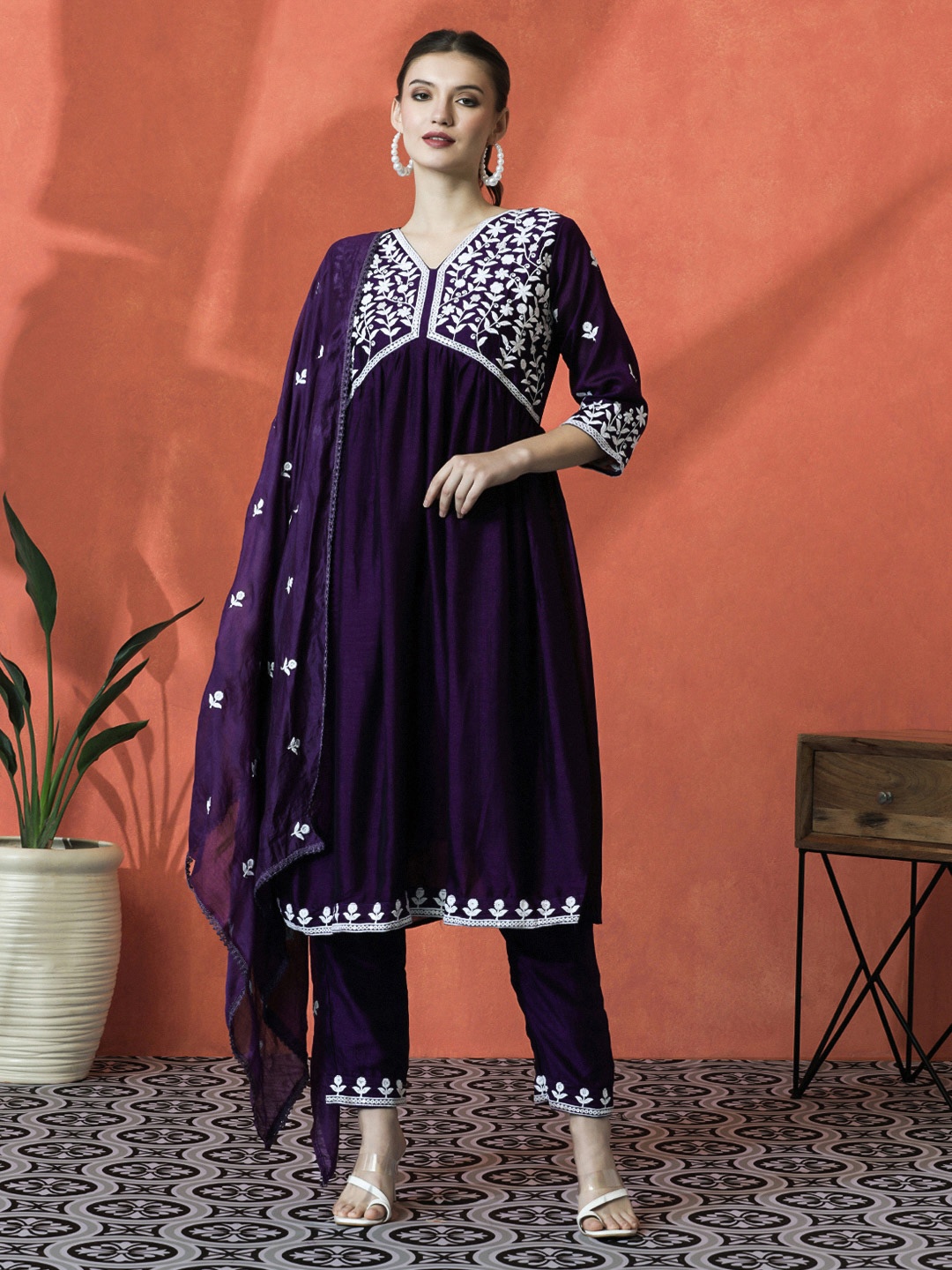

Sangria Purple Floral Yoke Design Thread Work Anarkali Kurta With Trouser And Dupatta