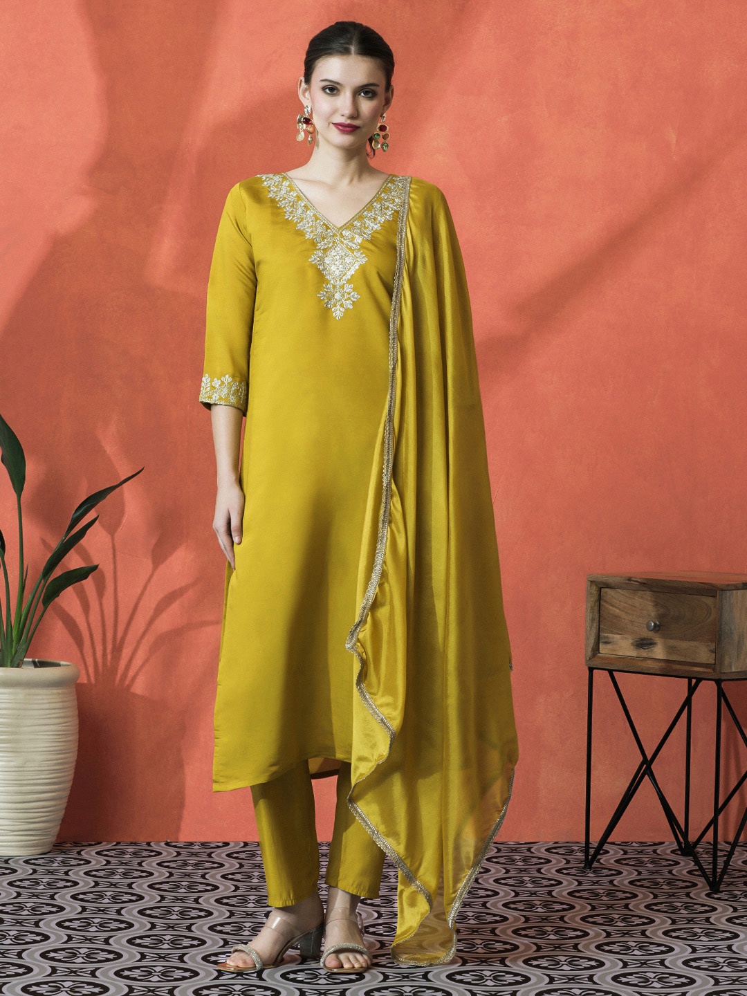 

Sangria Mustard Floral Embroidered Yoke Design V-Neck Kurta With Trouser And Dupatta