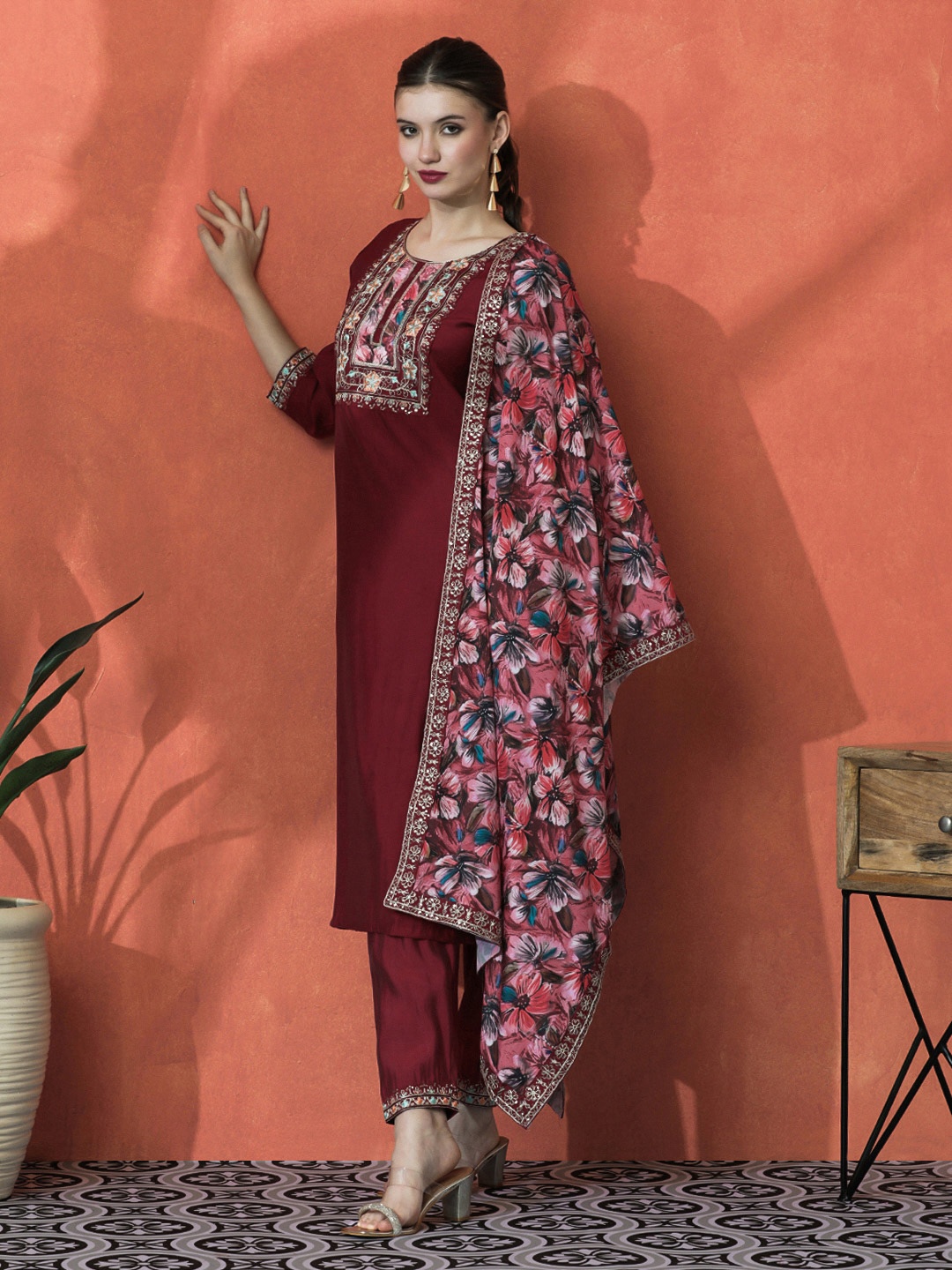 

Sangria Maroon Floral Yoke Design Sequinned Kurta With Trouser And Dupatta