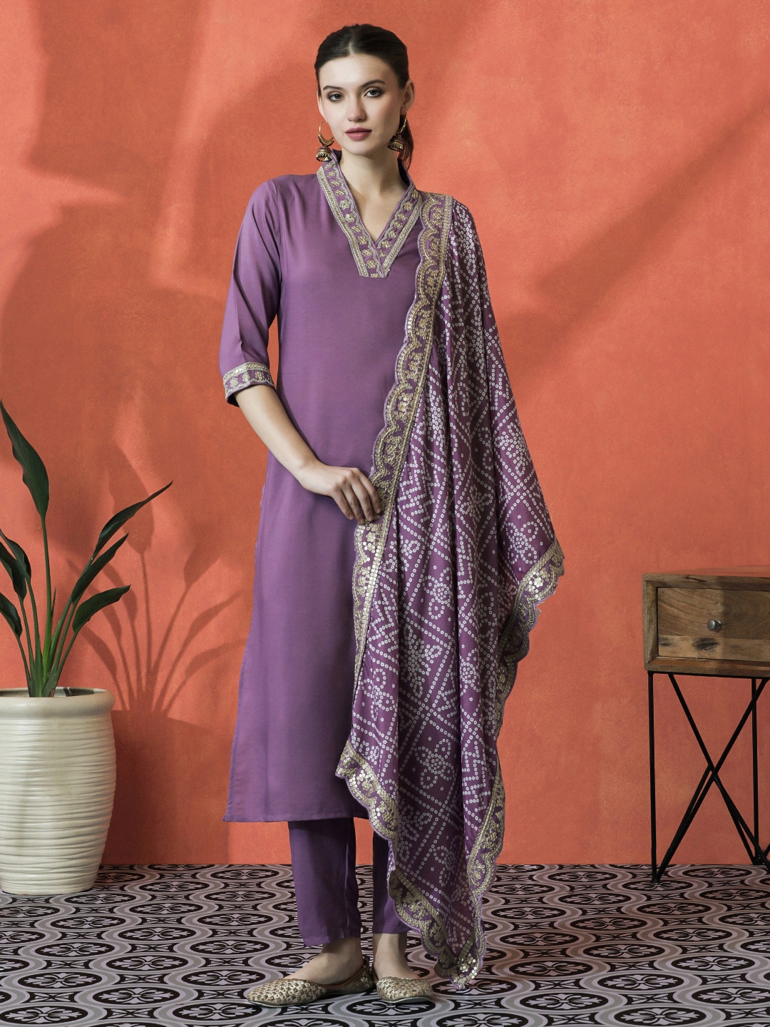 

Sangria Lavender Floral Embroidered V-Neck Kurta With Trouser And Dupatta