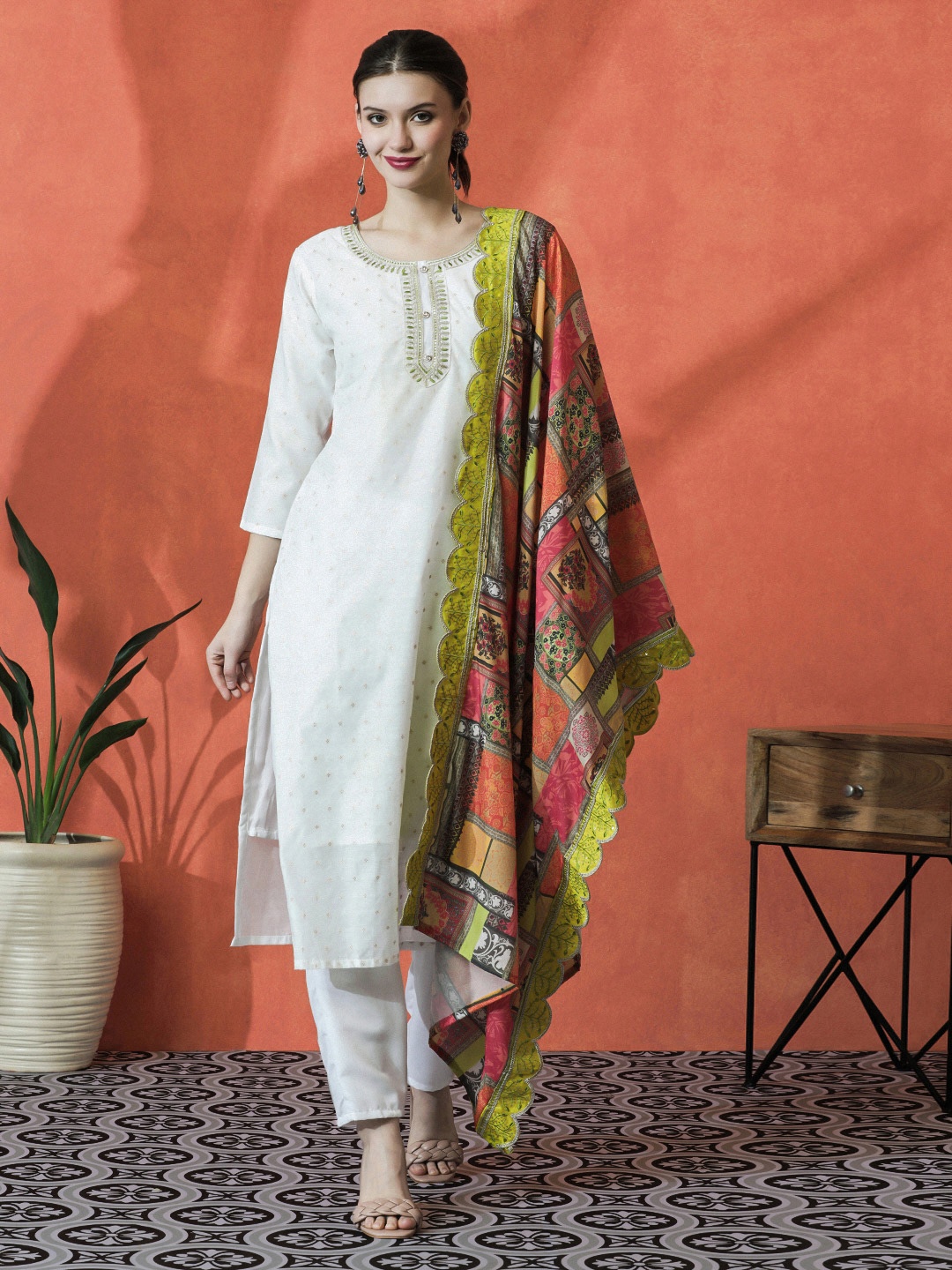 

Sangria White Floral Embroidered Round Neck Kurta With Trouser And Dupatta