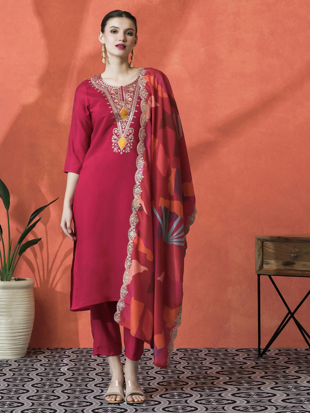 

Sangria Red Yoke Design Floral Thread Work Round Neck Kurta With Trousers And Dupatta