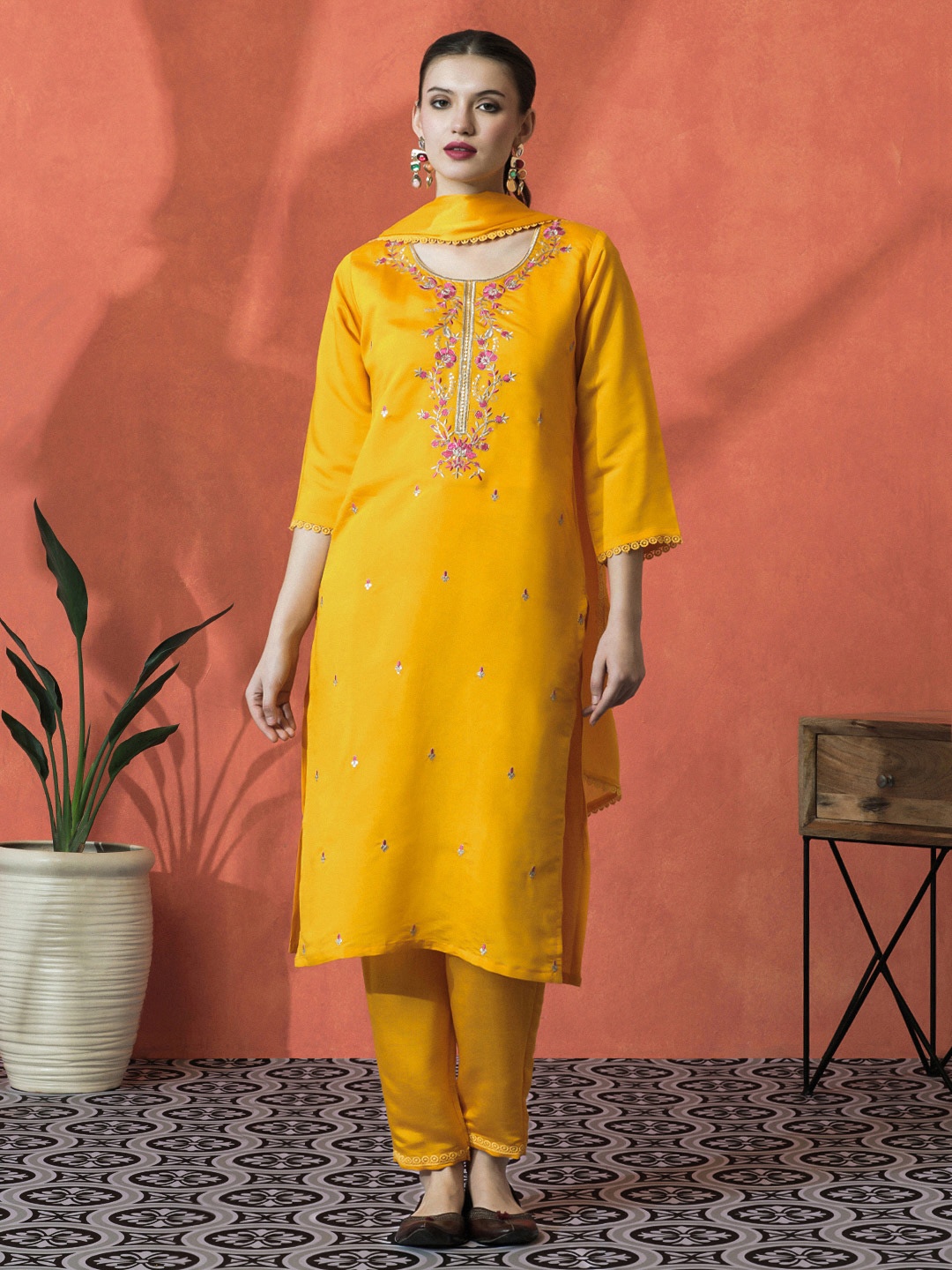 

Sangria Yellow Floral Embroidered Sequinned Round Neck Kurta With Trouser And Dupatta