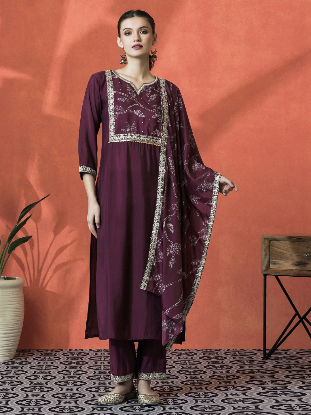 

Sangria Floral Embroidered Kurta & Trousers With Dupatta, Purple