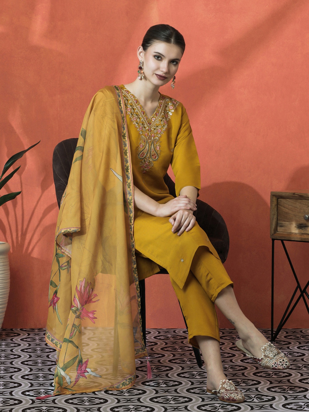 

Sangria Yellow Floral Embroidered V-Neck Straight Kurta With Trouser And Dupatta
