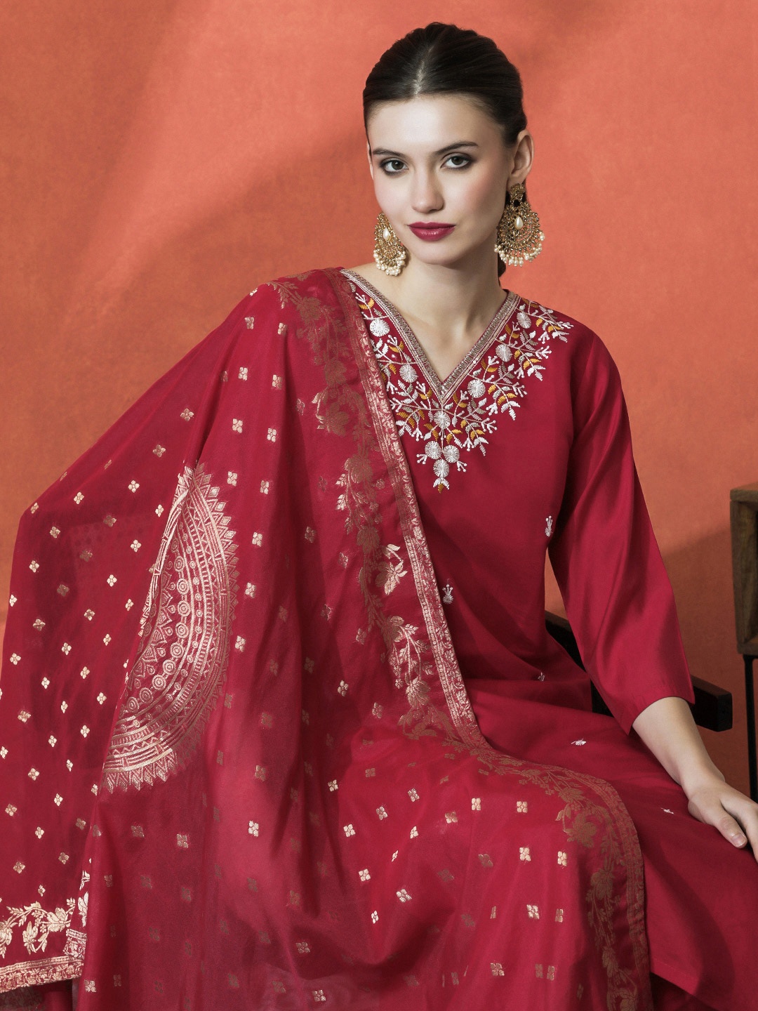 

Sangria Red Floral Embroidered V-Neck Thread Work Kurta With Trouser And Dupatta
