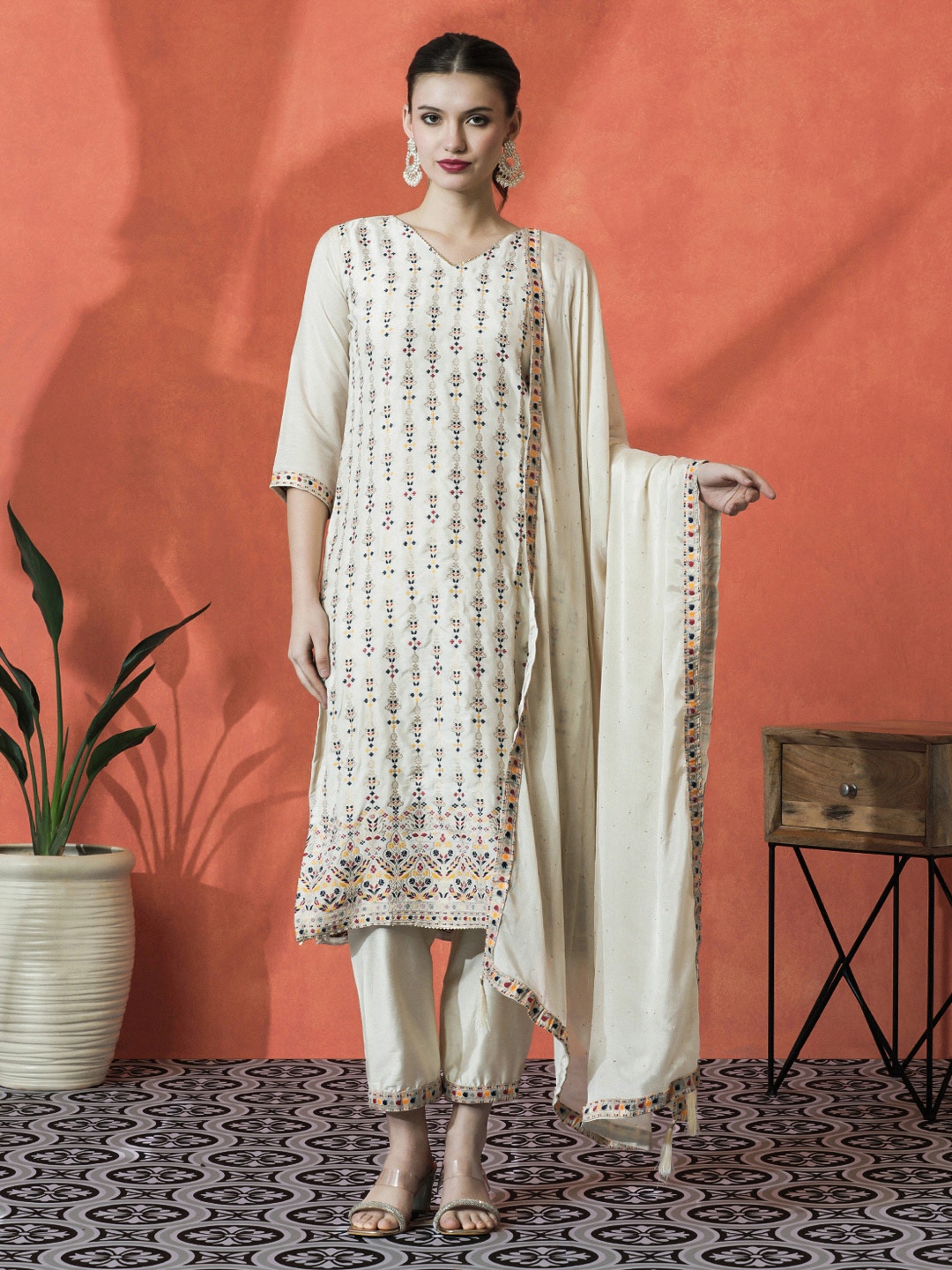 

Sangria Cream Ethnic Motifs Woven Design V-Neck Kurta With Trouser And Dupatta