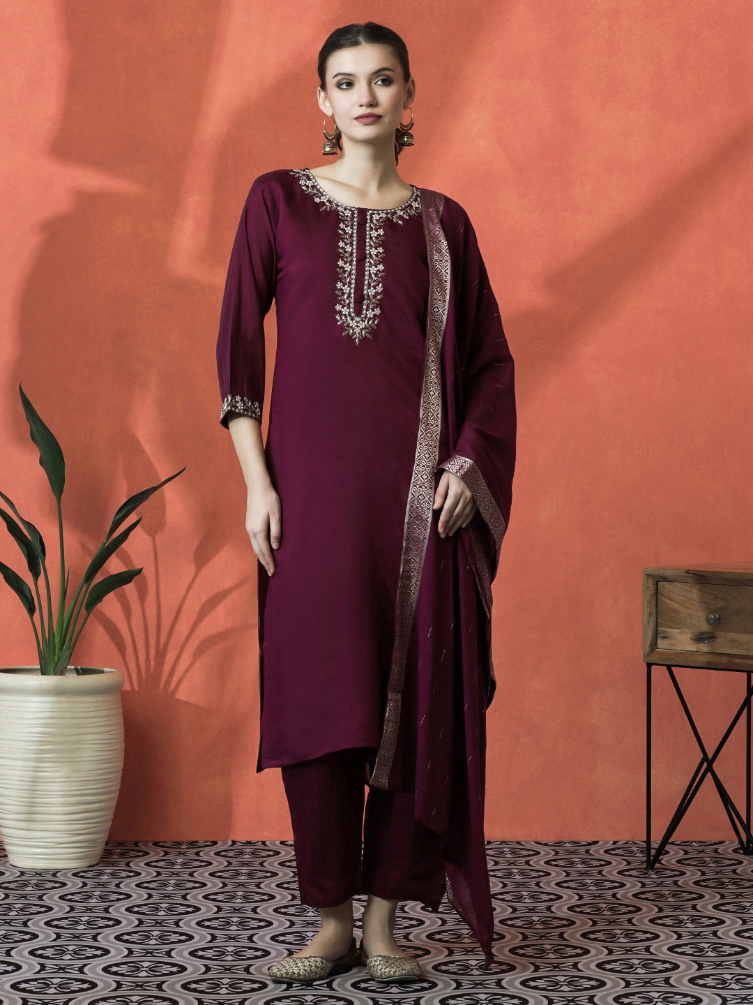 

Sangria Purple Yoke Design Floral Embroidered Boat-Neck Kurta With Trousers And Dupatta