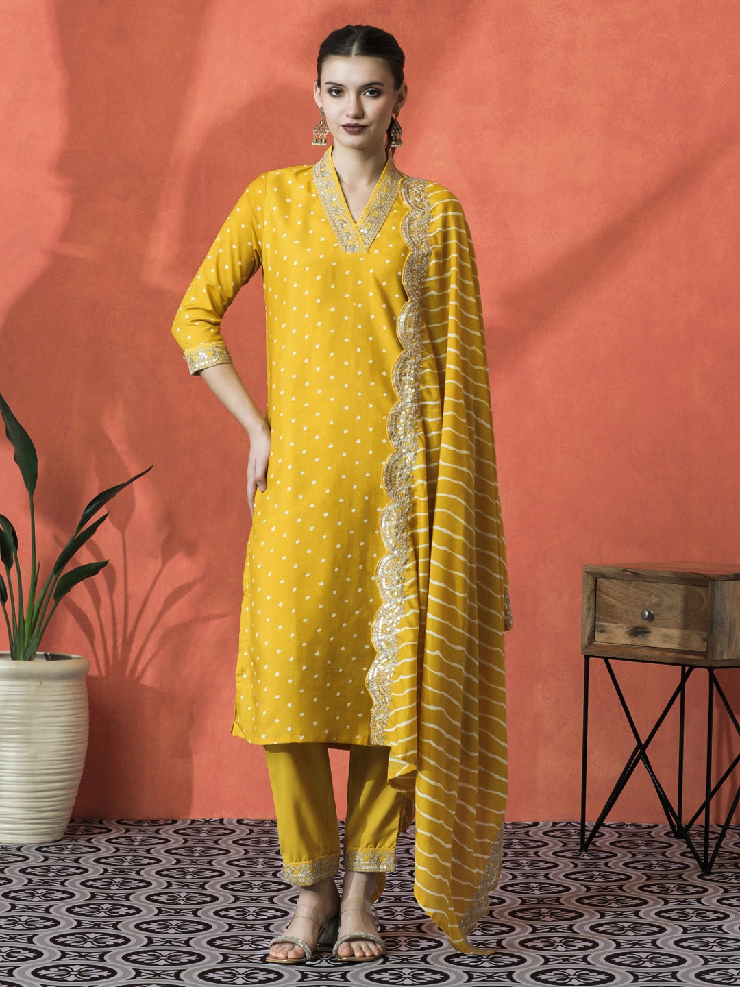 

Sangria Yellow Bandhani Printed V-Neck Zari Kurta With Trouser And Dupatta