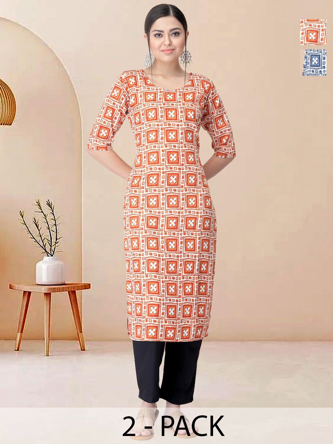 

Moda Rapido Pack of 2 Printed Straight Kurta with Trousers, White