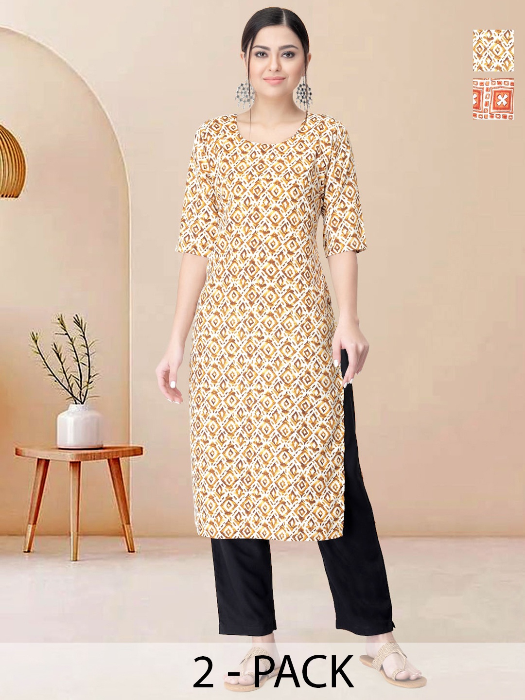 

Moda Rapido Pack of 2 Printed Straight Kurta with Trousers, Brown