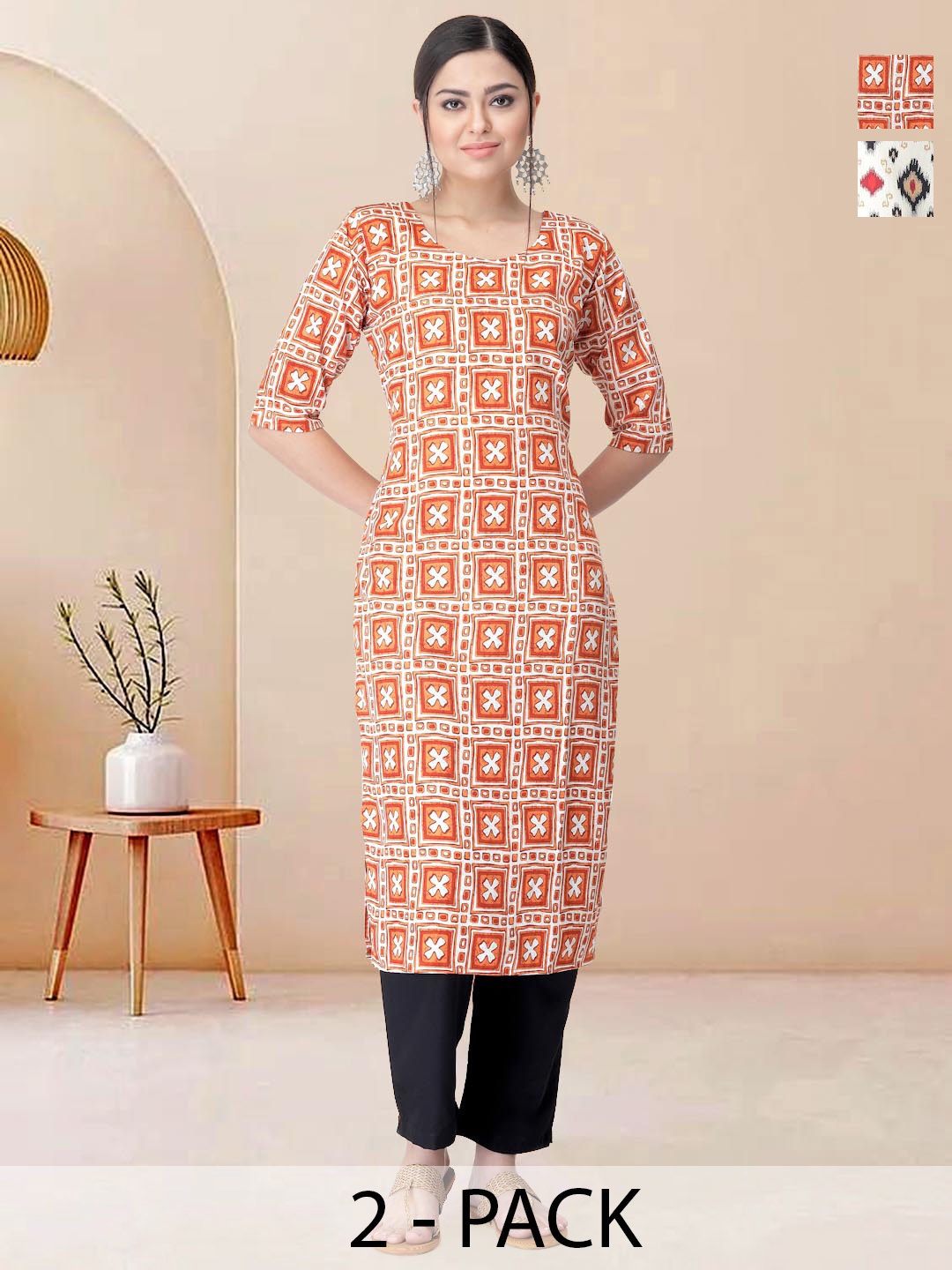 

Moda Rapido Pack of 2 Printed Straight Kurta with Trousers, White