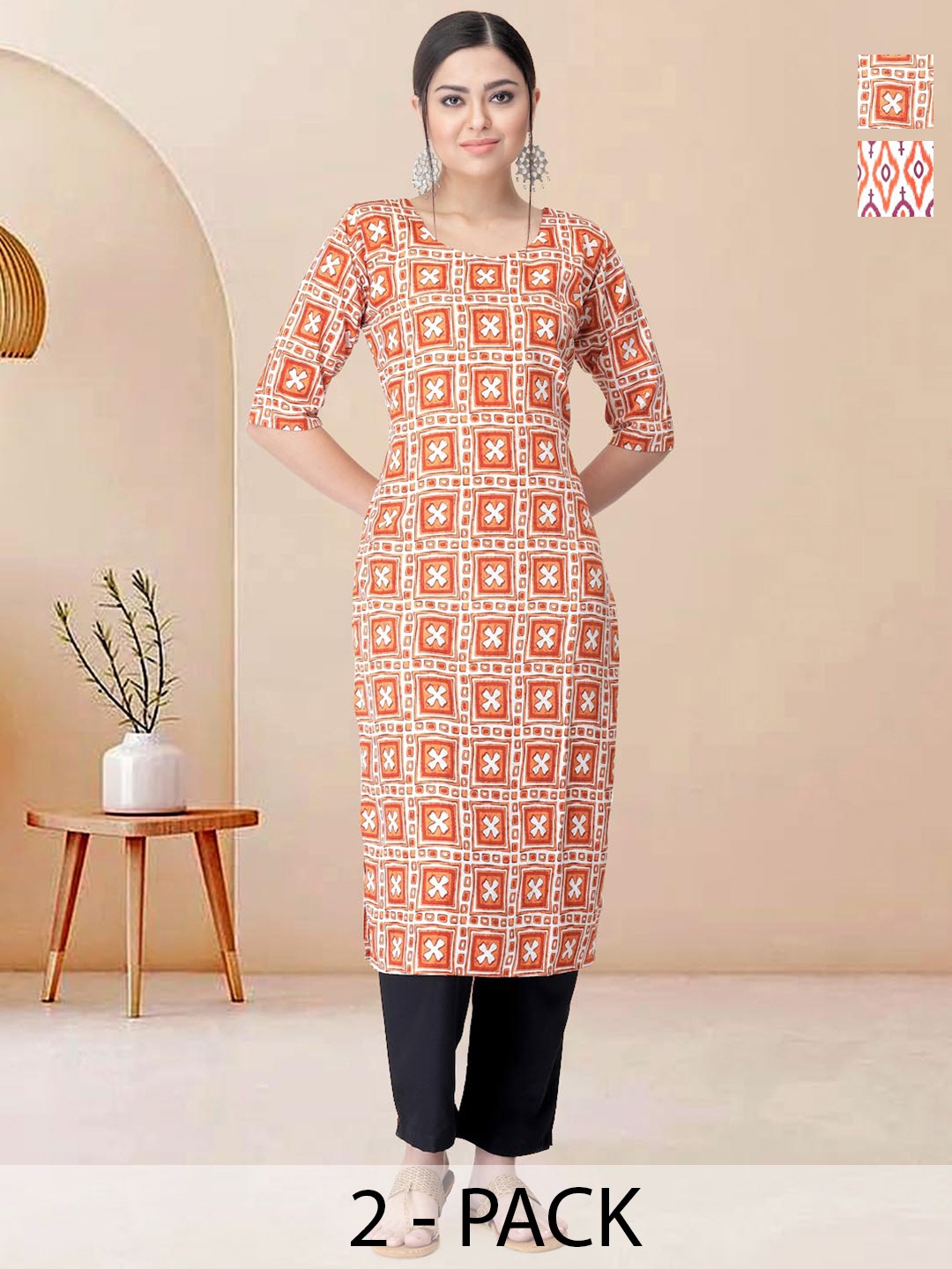 

Moda Rapido Pack of 2 Printed Straight Kurta with Trousers, Orange