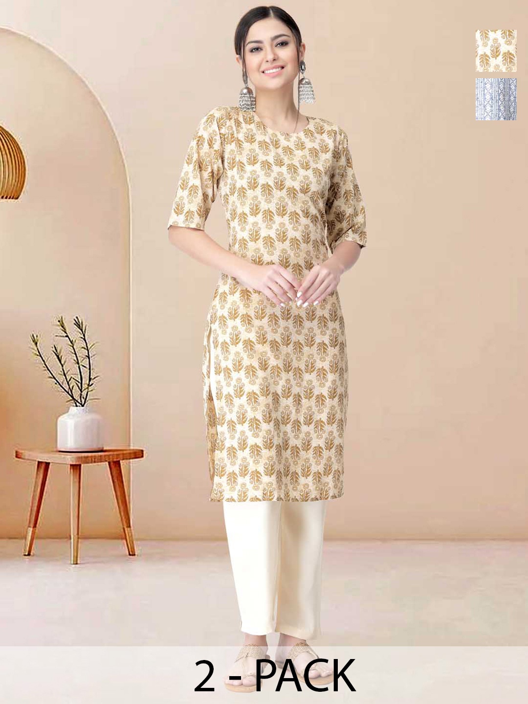 

Moda Rapido Pack of 2 Printed Straight Kurta with Trousers, White