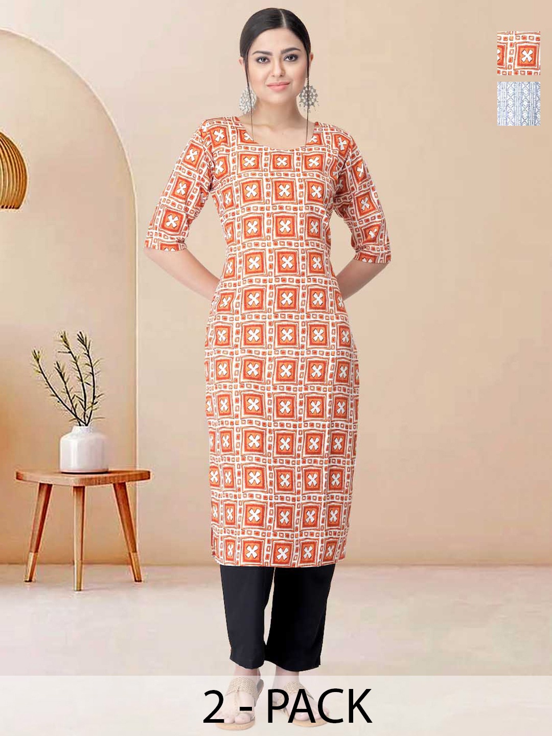 

Moda Rapido Pack of 2 Printed Straight Kurta with Trousers, Orange