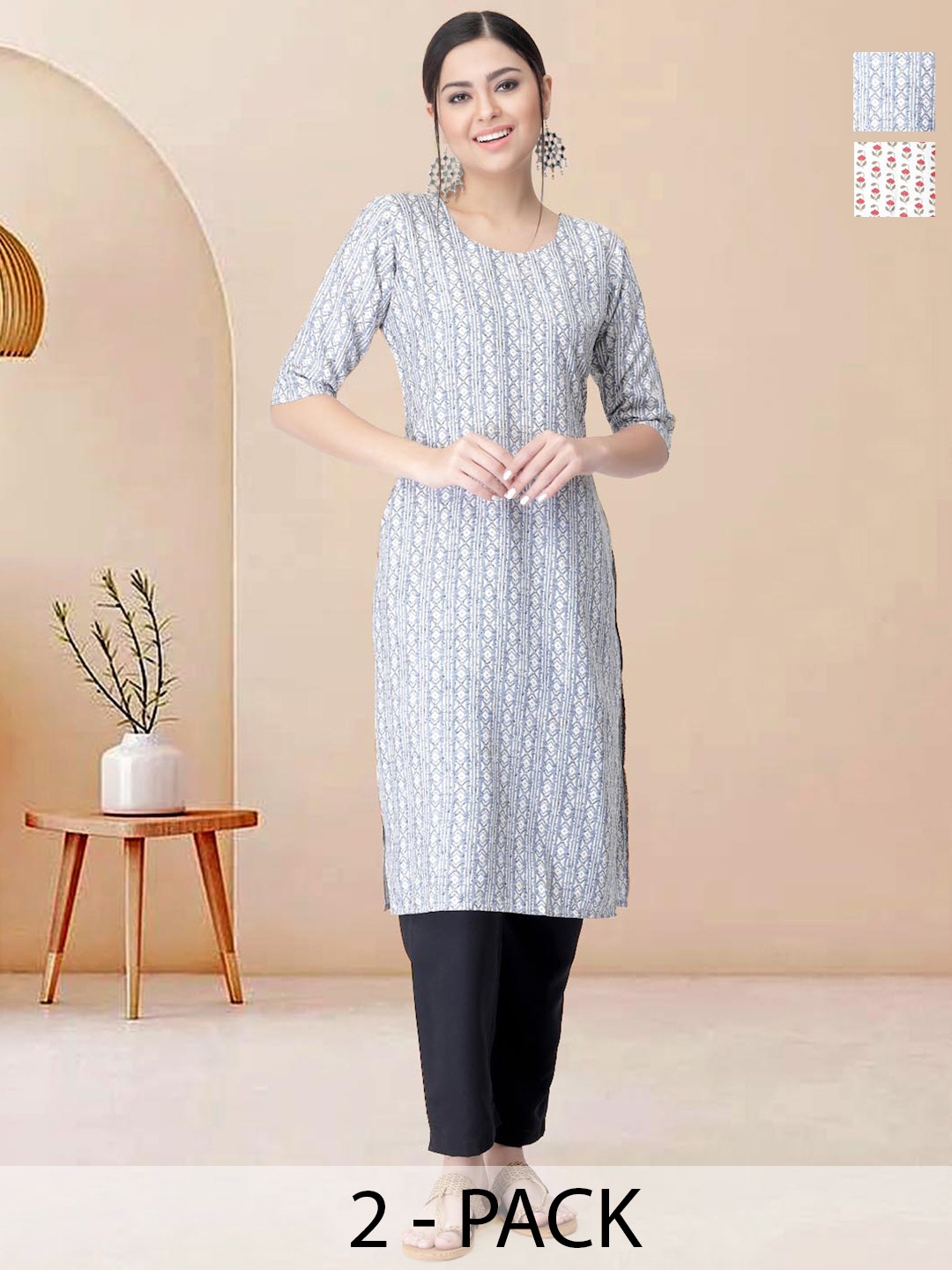 

Moda Rapido Pack of 2 Printed Straight Kurta with Trousers, White