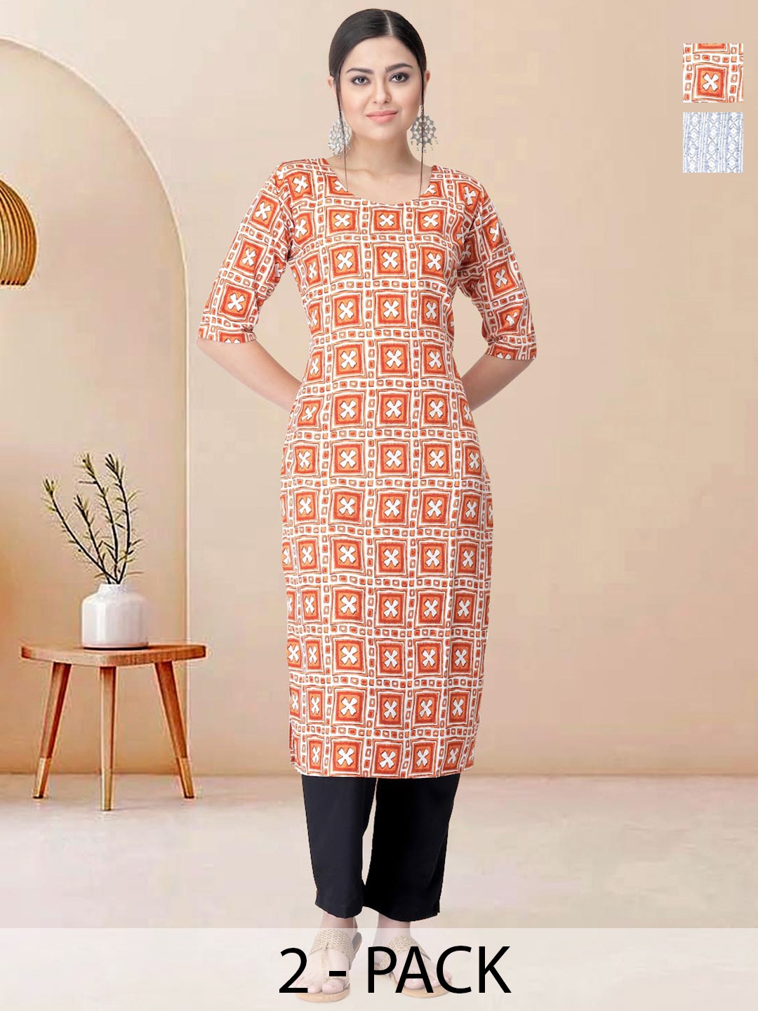 

Moda Rapido Pack of 2 Printed Straight Kurta with Trousers, Orange