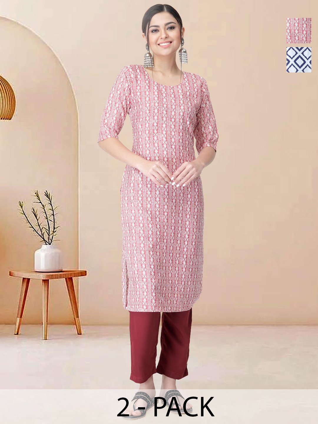 

Moda Rapido Pack of 2 Printed Straight Kurta with Trousers, Mauve