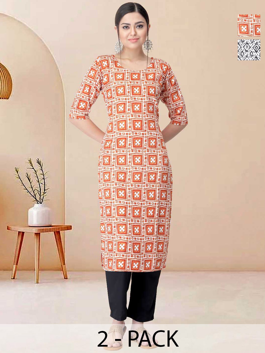 

Moda Rapido Pack of 2 Printed Straight Kurta with Trousers, Orange