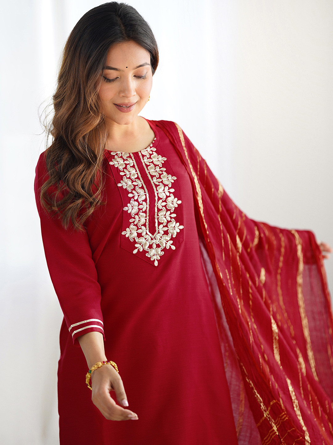 

KALINI Floral Yoke Design Zari Straight Kurta With Trousers And Dupatta, Red