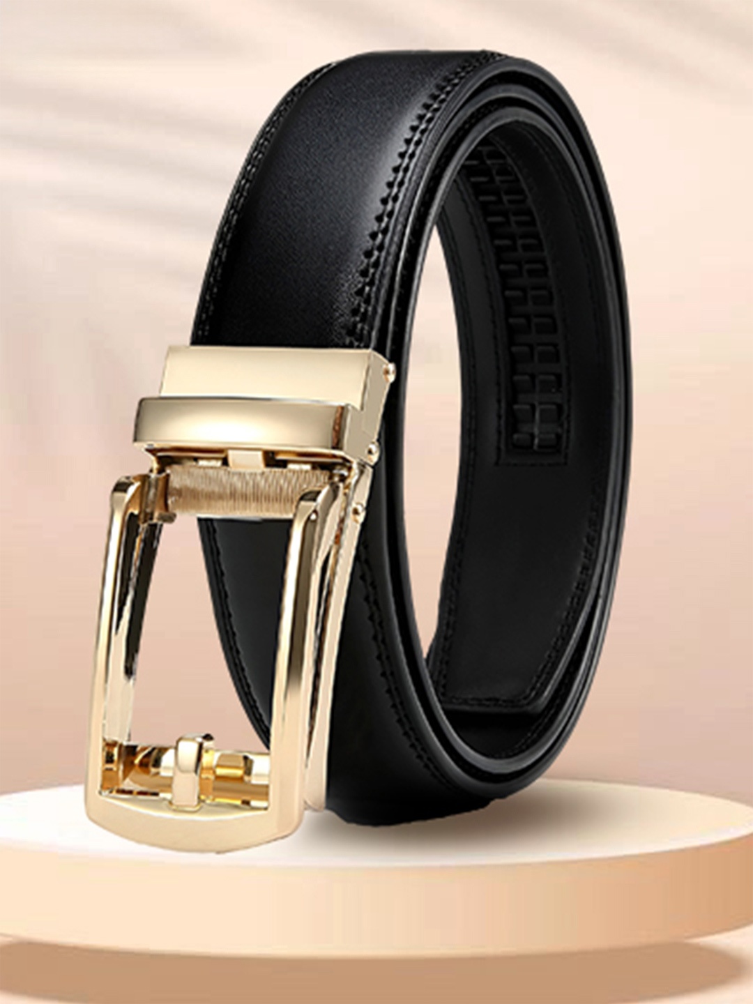 

CONTACTS Men Auto Lock Gold & Black Leather Belt