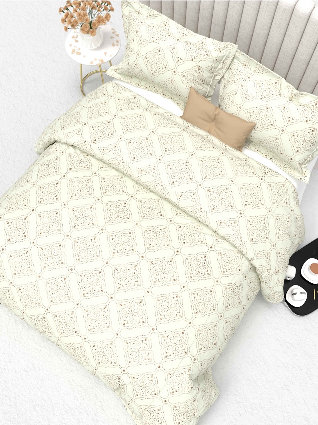 

THE WHITE MOSS Primrose White Printed 220 TC Cotton King Bedsheet Set-2.75 m x 2.50 m