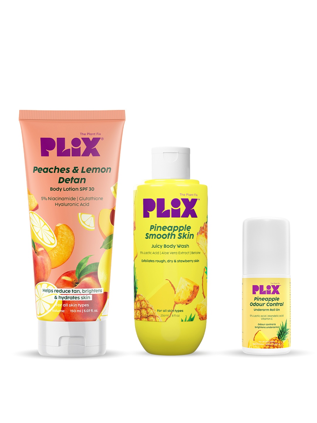 

PLIX THE PLANT FIX Set Of 3 Peaches Body Lotion, Pineapple Body Wash & Underarm Roll On, Pink
