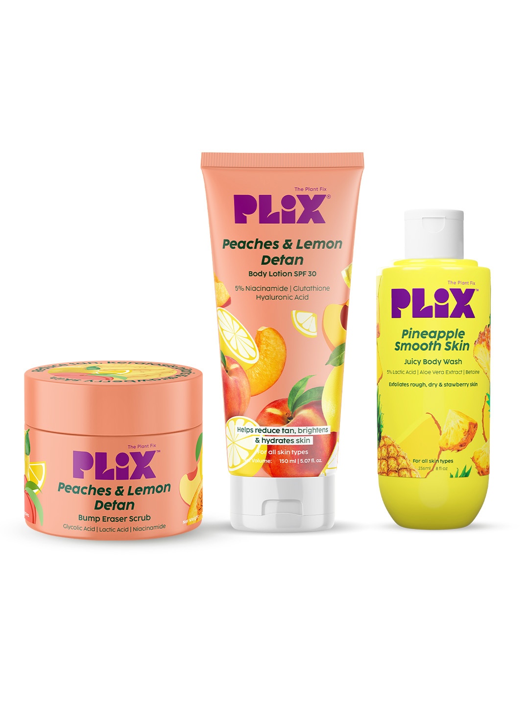 

PLIX THE PLANT FIX Set Of 3 Peaches Eraser Scrub, Body Lotion & Pineapple Body Wash, Pink
