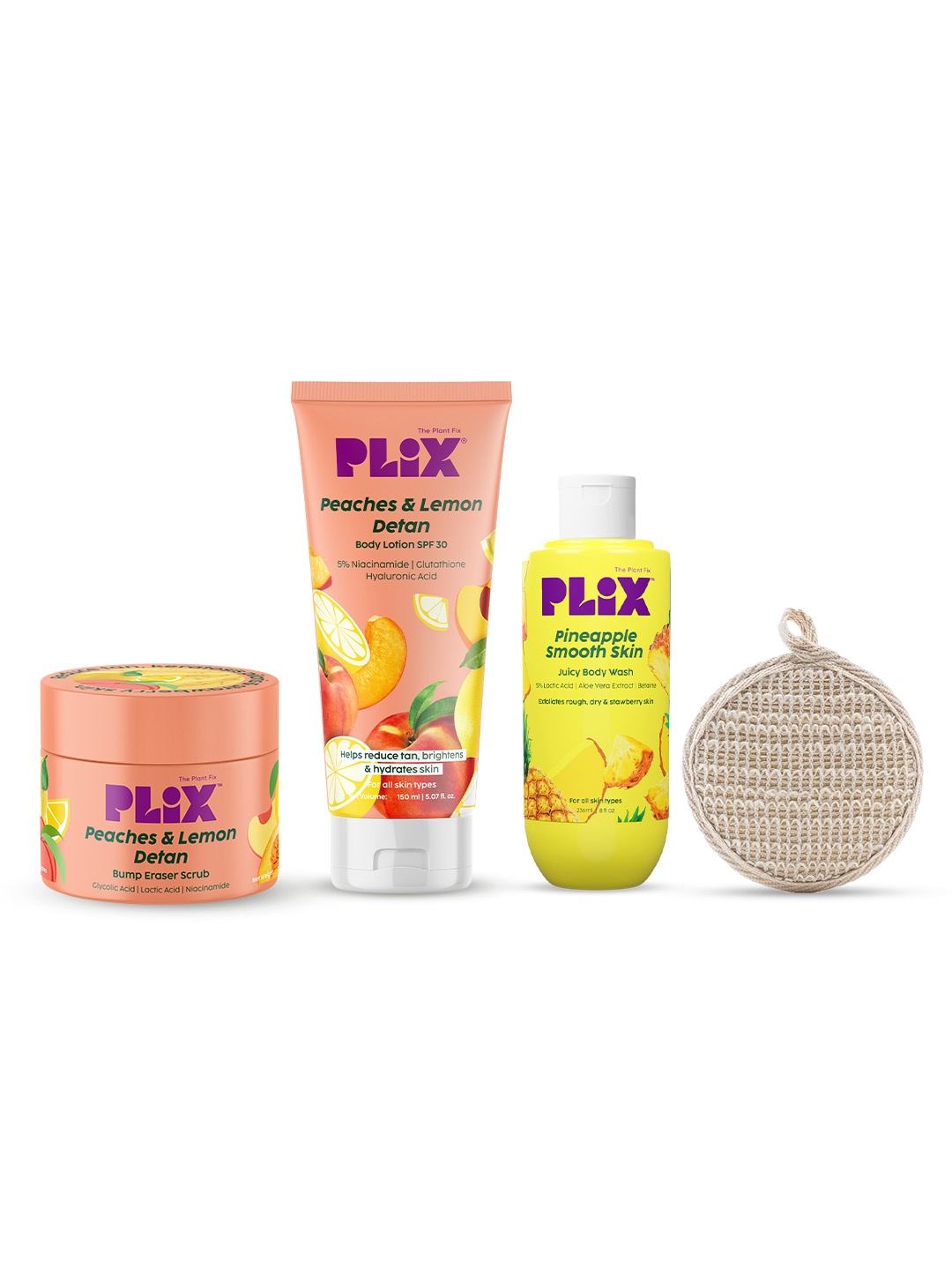 

PLIX THE PLANT FIX Set Of 4 Peaches Scrub, Body Lotion, Pineapple Body Wash & Loofah, Pink