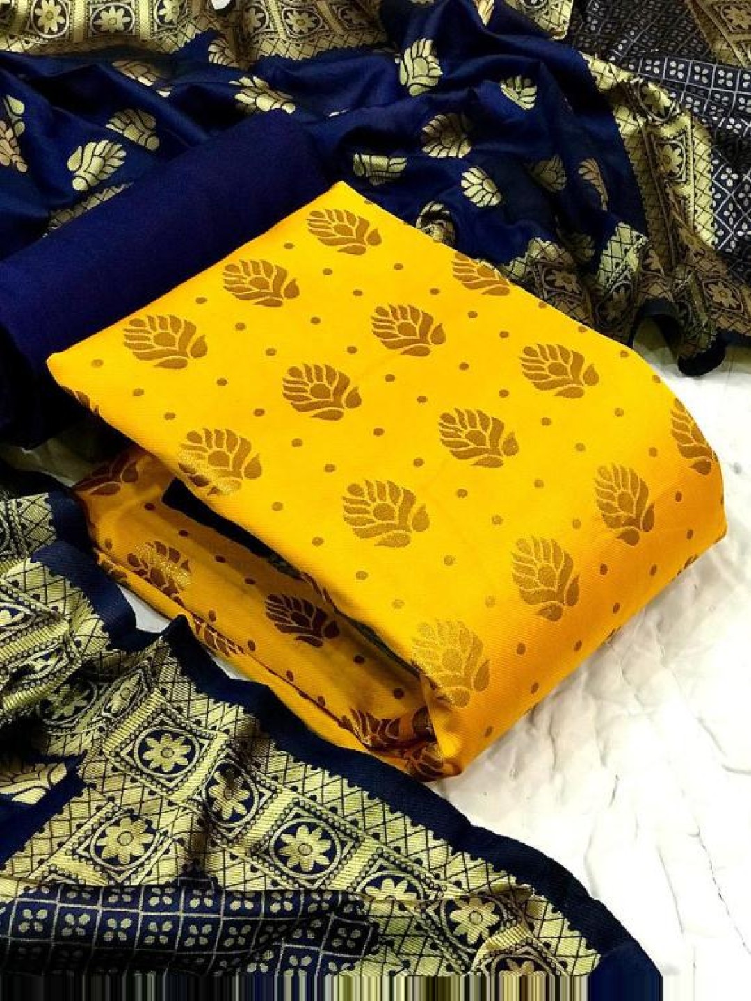 

KALINI Floral Woven Design Banarasi Silk Jacquard Unstitched Dress Material, Yellow