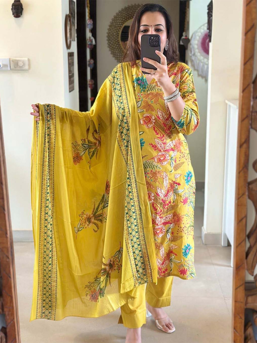 

GoSriKi Floral Printed Straight Kurta With Trouser And Dupatta, Mustard