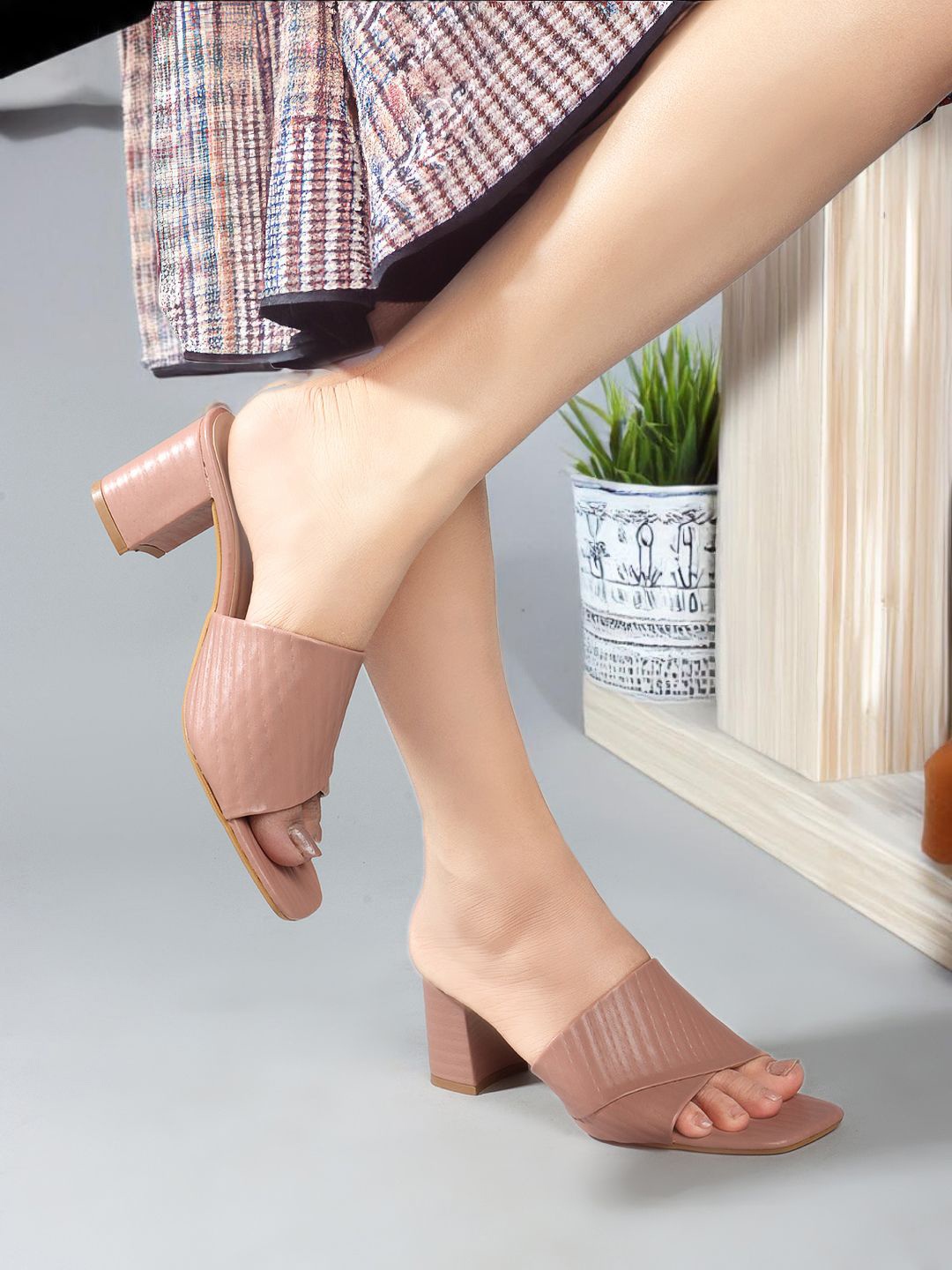 

Mast & Harbour Women Textured Party Block Sandals with Laser Cuts, Nude