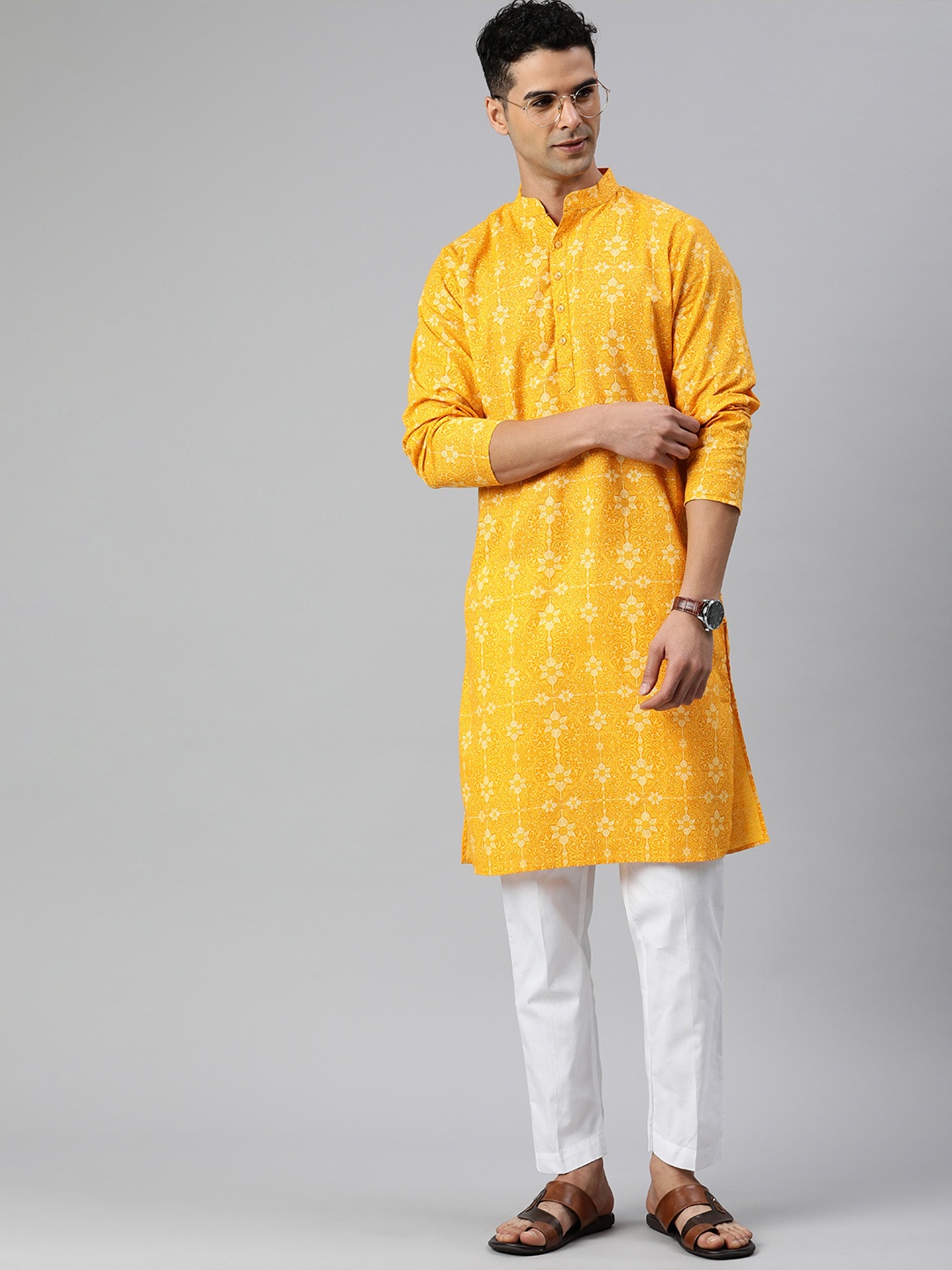 

Majestic Man Floral Printed Mandarin Collar Pure Cotton Straight Kurta with Pyjamas, Yellow