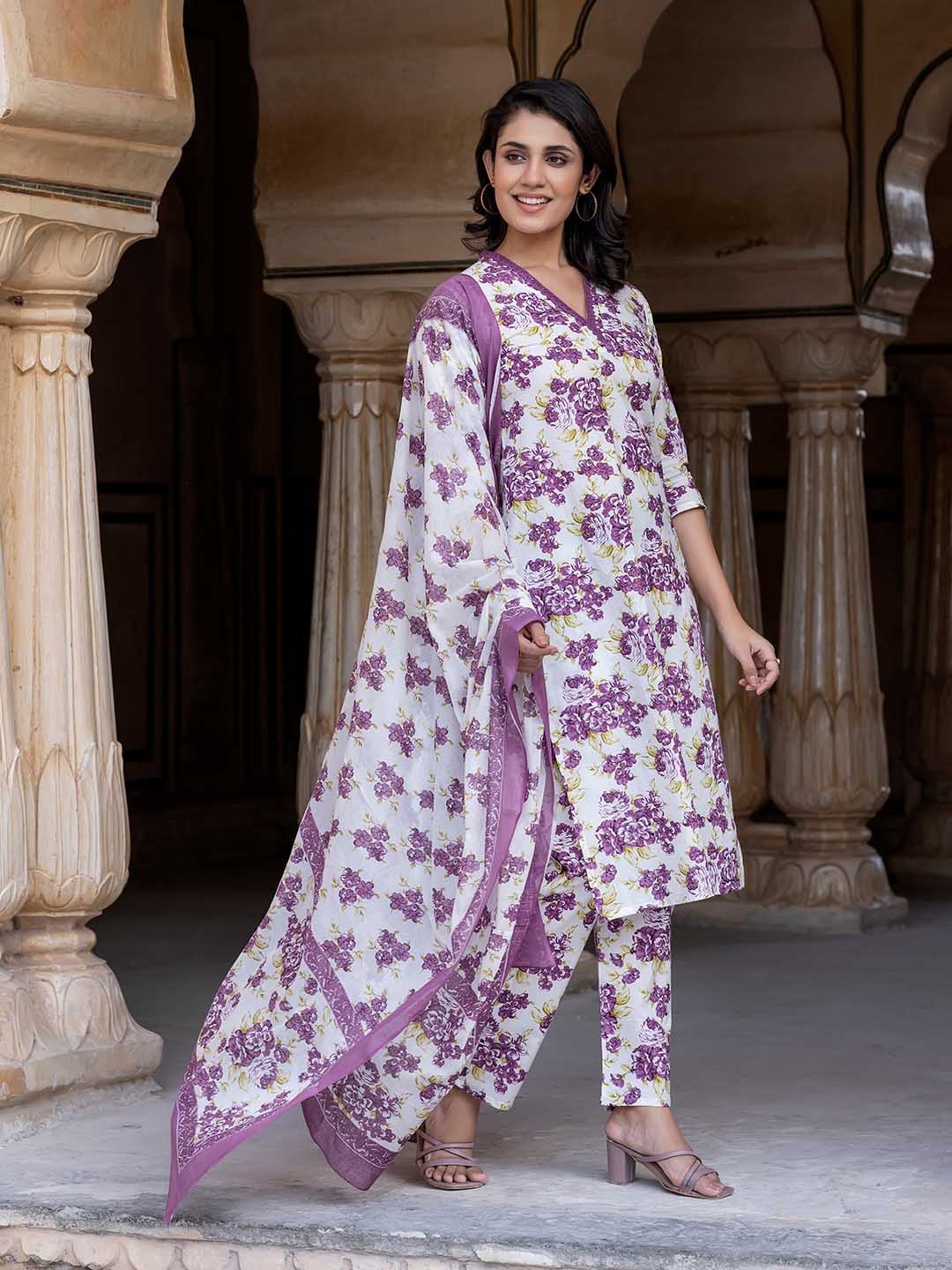 

BAESD Women Floral Printed Pure Cotton Straight Kurta With Trousers And Dupatta, White